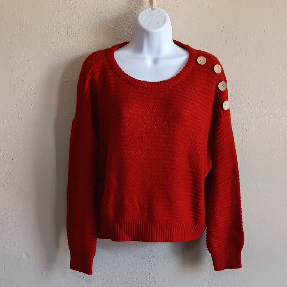 Boxy Orange/Burgundy Sweater With Button Shoulder Accent, Fall Tone Knit